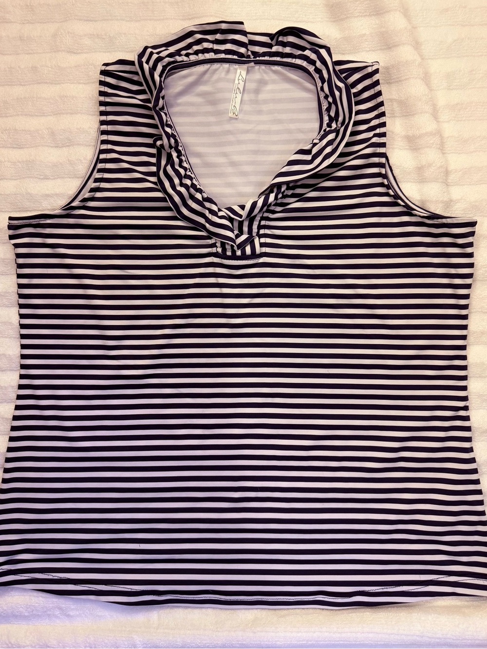 Lulu-B Navy White Striped Ruffle Neck Sleeveless Top Size L